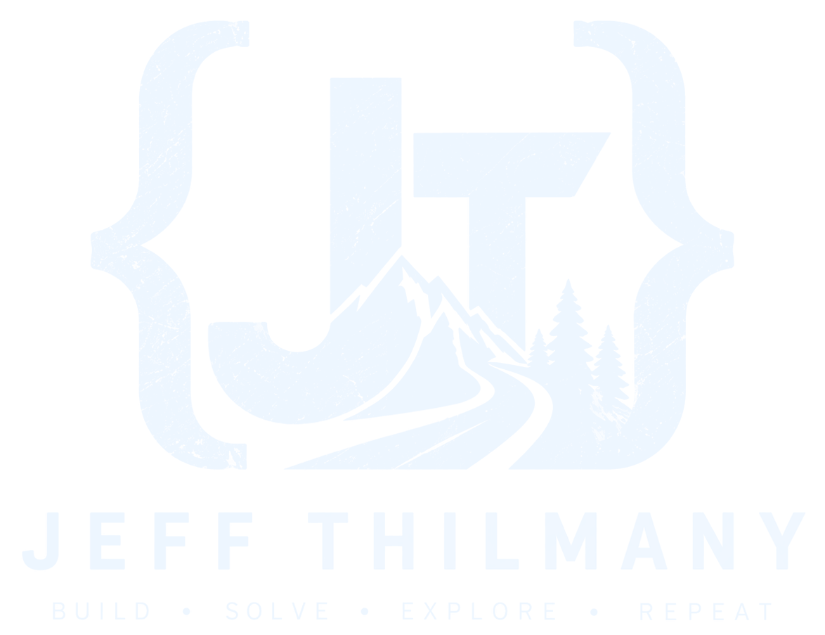 Jeff Thilmany — Build, Solve, Explore, Repeat. JT, code braces, mountains, a winding trail, and trees.